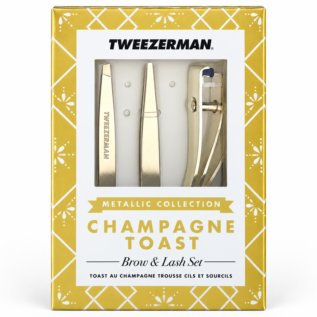 Tweezerman Champagne Toast Brow & Lash Set – Frontansicht, goldfarbene Geschenkverpackung