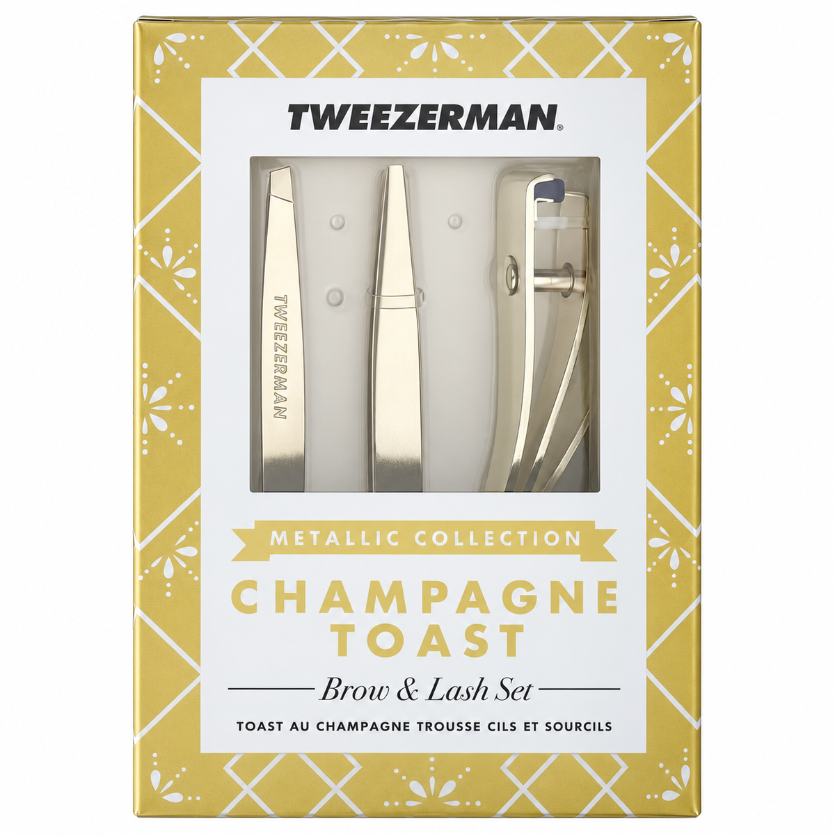 Tweezerman Champagne Toast Brow & Lash Set – goldfarbene Geschenkverpackung, Frontalansicht